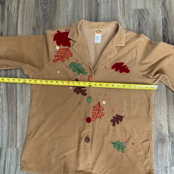 Autumn Creations Corduroy Embroidered Fall Leaves Buttons Shirt Size Medium - Picture 5 of 5